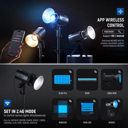 NEEWER MS150C RGBWW LED Video Light with 2.4G/APP Control, 150W Metal Mini RGB COB Continuous Output Lighting Bowens Mount Handheld Spotlight 2700K-6500K, 18000lux/1m, CRI97+/TLCI98+,17 Effects, RGBCW