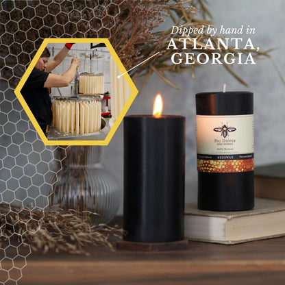 Big Dipper Wax Works Black Pillar Candle, 90-Hour Long Burn, Pure Beeswax Candle, 3" x 6”