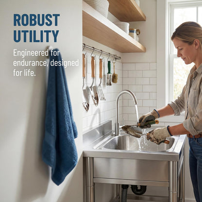 Free Standing Stainless-Steel Single Bowl Commercial Restaurant Kitchen Sink Set w/Faucet, Prep & Utility Washing Hand Basin w/Storage Shelve, laundry tub for Indoor Outdoor (22in)