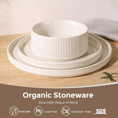 GBHOME Stoneware Dinnerware Sets for 6, 18 Pieces Ceramic Ribbed Plates and Bowls Set, Reactive Glaze Stackable Plate Sets, Scratch Resistant Dishes, Microwave & Dishwasher Safe