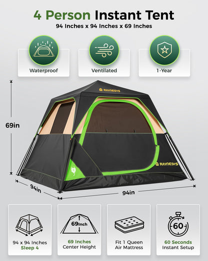 4 Person Instant Tent, Camping Tent Setup in 60 Seconds, Waterproof Pop Up Tents for Camping with Top Rainfly, Instant Cabin Tents with Portable Carry Bag for Family Camp & Hiking, Black + Brown