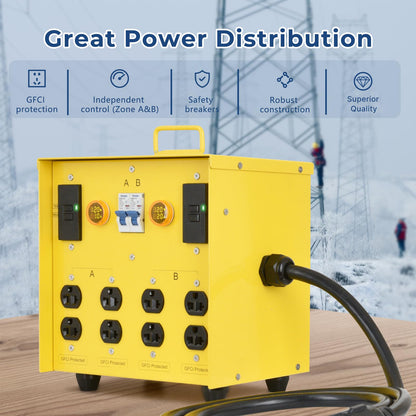 Zuomeng 30-Amp Portable Power Center, Split 240VAC Input into 2 Separate 120VAC Output, A&B Zone Independent Control with 2 Mini Voltmeter and Ammeter