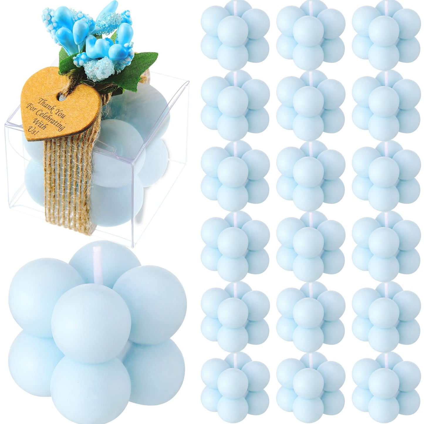 MTLEE Mini Bubble Candles Wedding Favors Gifts for Guests 1.57" x 1.38" Bubble Candles with Cards Dried Flowers DIY Gift Set for Baptism Party Bridal Shower Thank You Gifts(Blue,30 Sets)