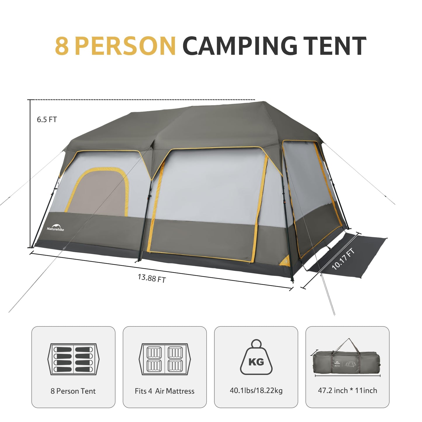 Naturehike Cape 4/6/8 Person Camping Tent, 60S Easy Setup Instant Tent Pop up Tent, Waterproof Large Tall 6/8 Person Tents for Camping, Car Camping