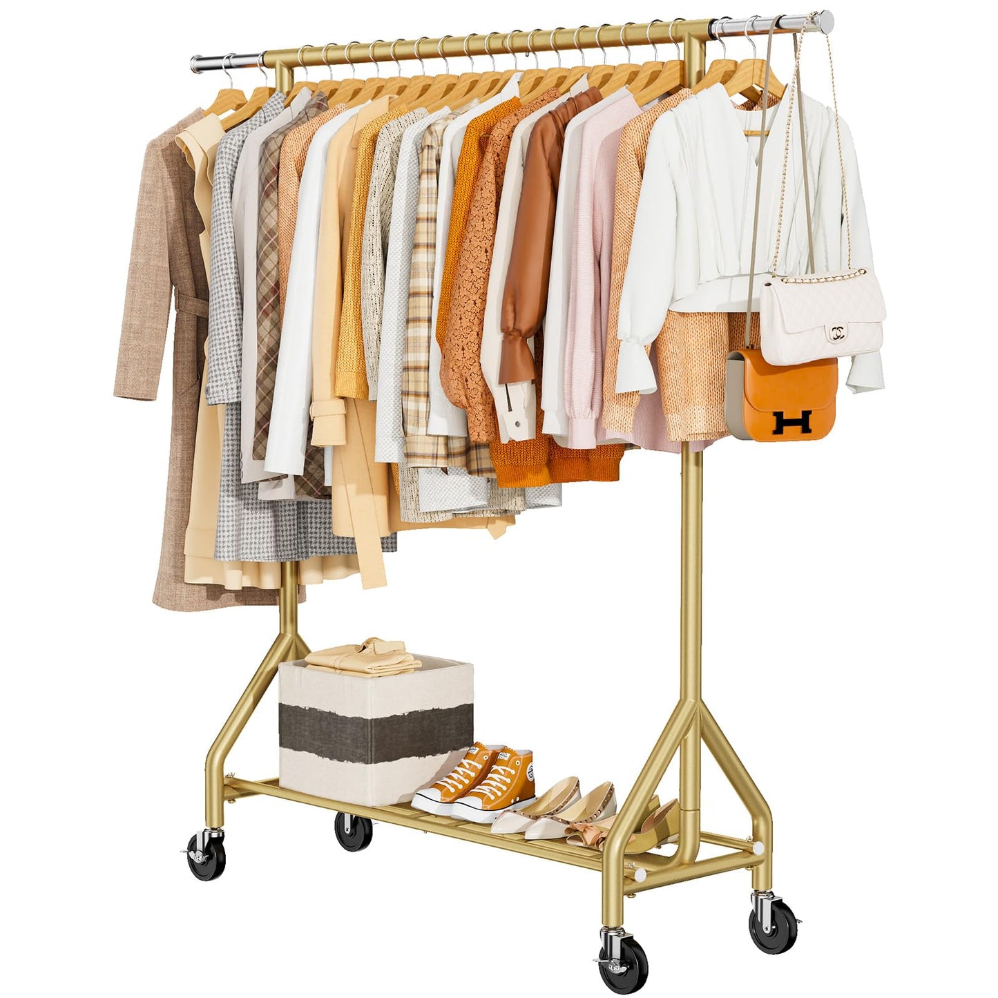HYSEYY Heavy Duty Clothes Rack Load 450 LBS, Metal Garment Rack, Standing Rolling Clothing Rack for Hanging Clothes with Sturdy Wheels & Shelves, Portable Closet Wardrobe Rack,Gold