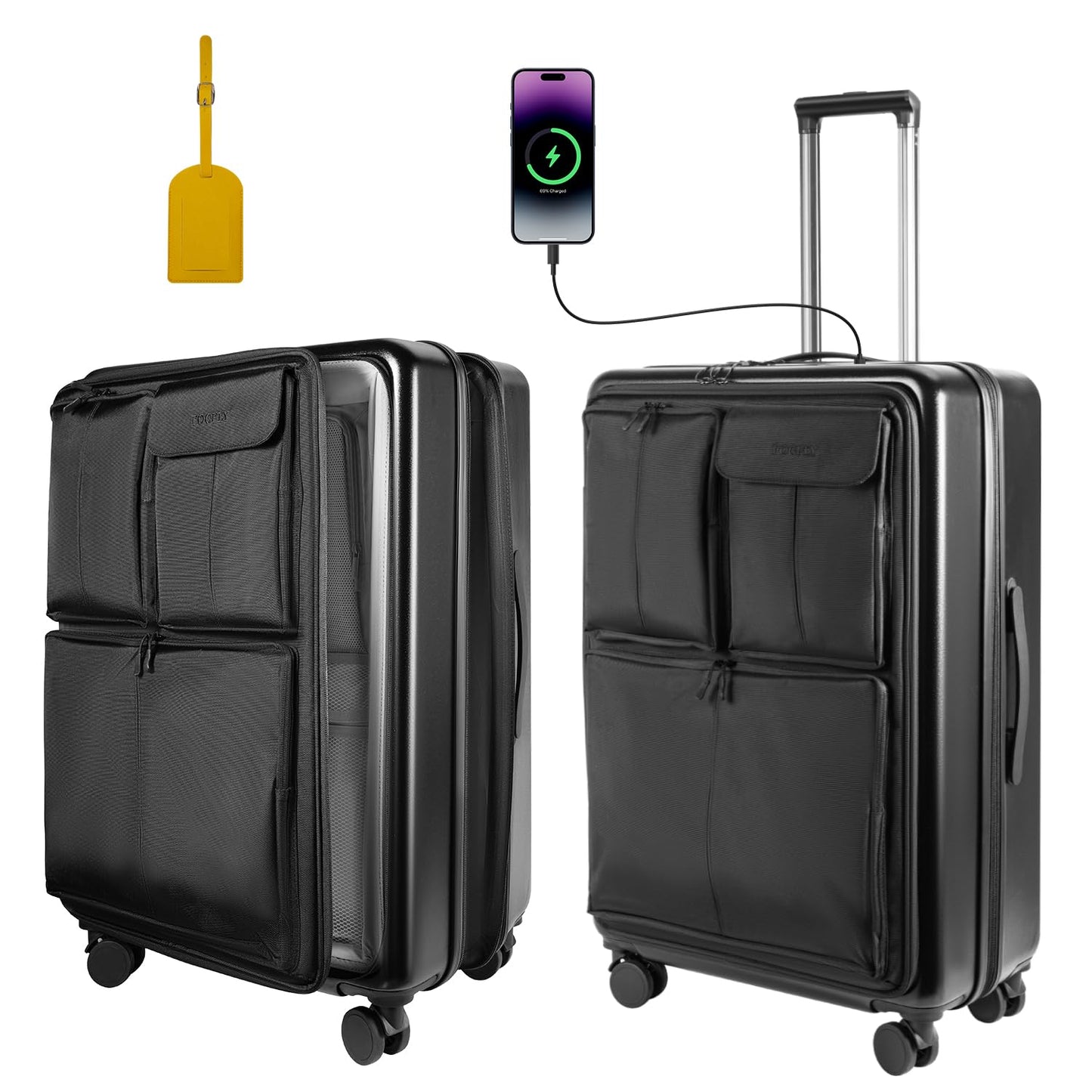 24 Inch Checked Luggage with Front Pocket, Expandable Hardshell Suitcase with Spinner Wheels, Hybrid Travel Bag with Laptop Compartment, TSA Lock & USB Charging Ports, Medium Suitcase for 7-10 Days