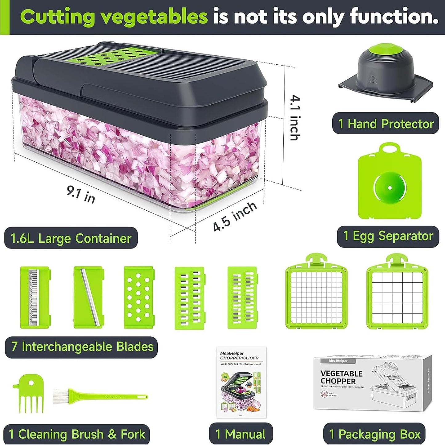 MealHelper 12-in-1 Vegetable Chopper - Versatile 7 Blade Food Chopper with Container | Green/Grey Kitchen Essential