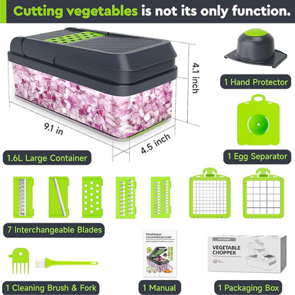 MealHelper 12-in-1 Vegetable Chopper - Versatile 7 Blade Food Chopper with Container | Green/Grey Kitchen Essential