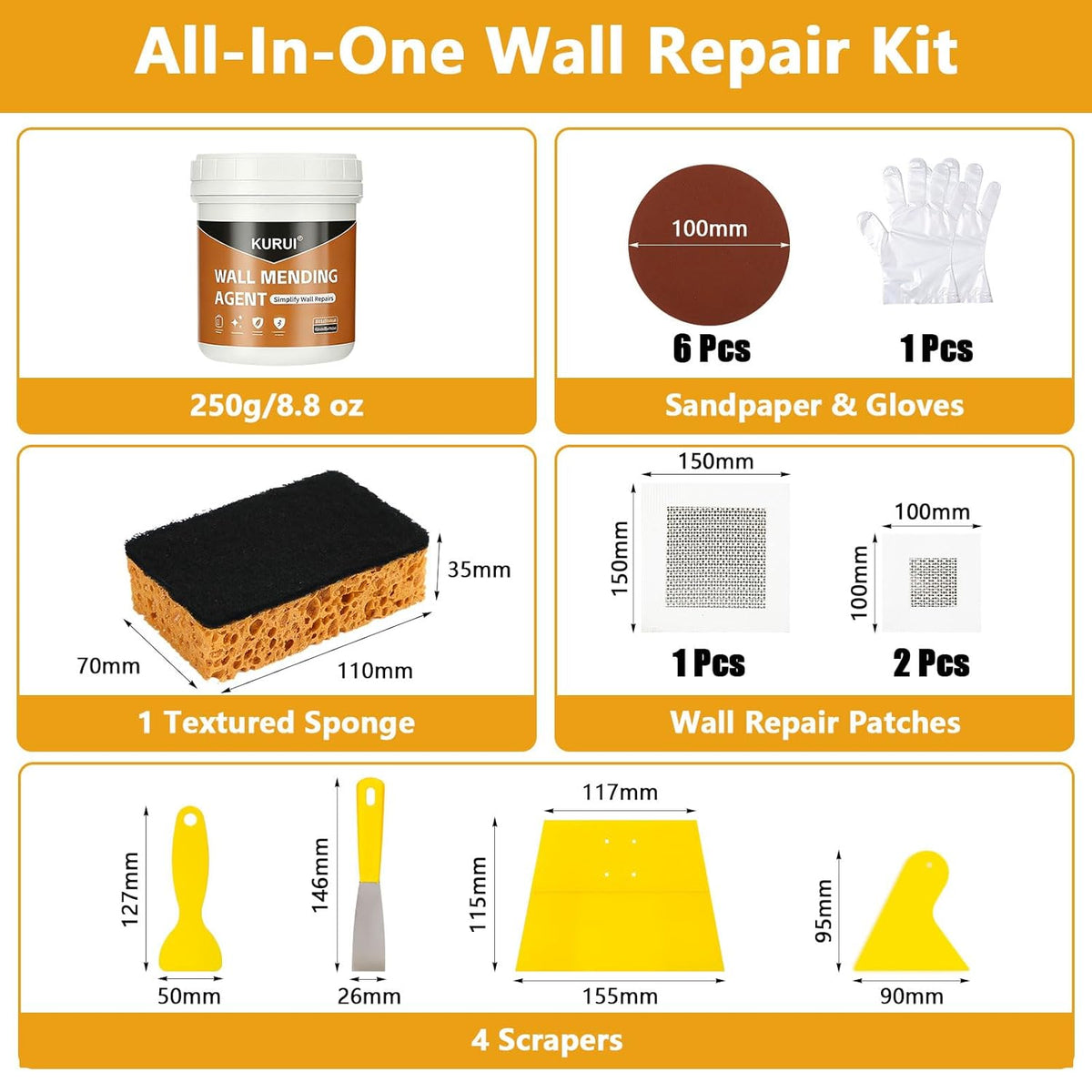 KURUI Drywall Repair Kit - 8.8oz Spackle Paste with Scraper & Sandpaper Sheets | Easy Home Repair Solution