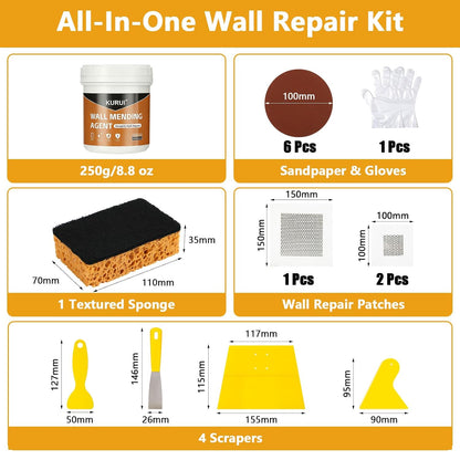 KURUI Drywall Repair Kit - 8.8oz Spackle Paste with Scraper & Sandpaper Sheets | Easy Home Repair Solution