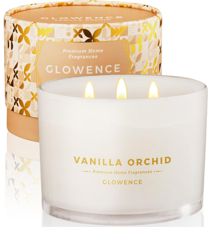 Glowence Luxury Vanilla Scented Candle - Large 3 Wick Jar Candle - Elegant Gift for Women & Men - 100% Natural Soy Wax - Up to 40 Hours Burning Time - Housewarming Aromatherapy Candle for Home