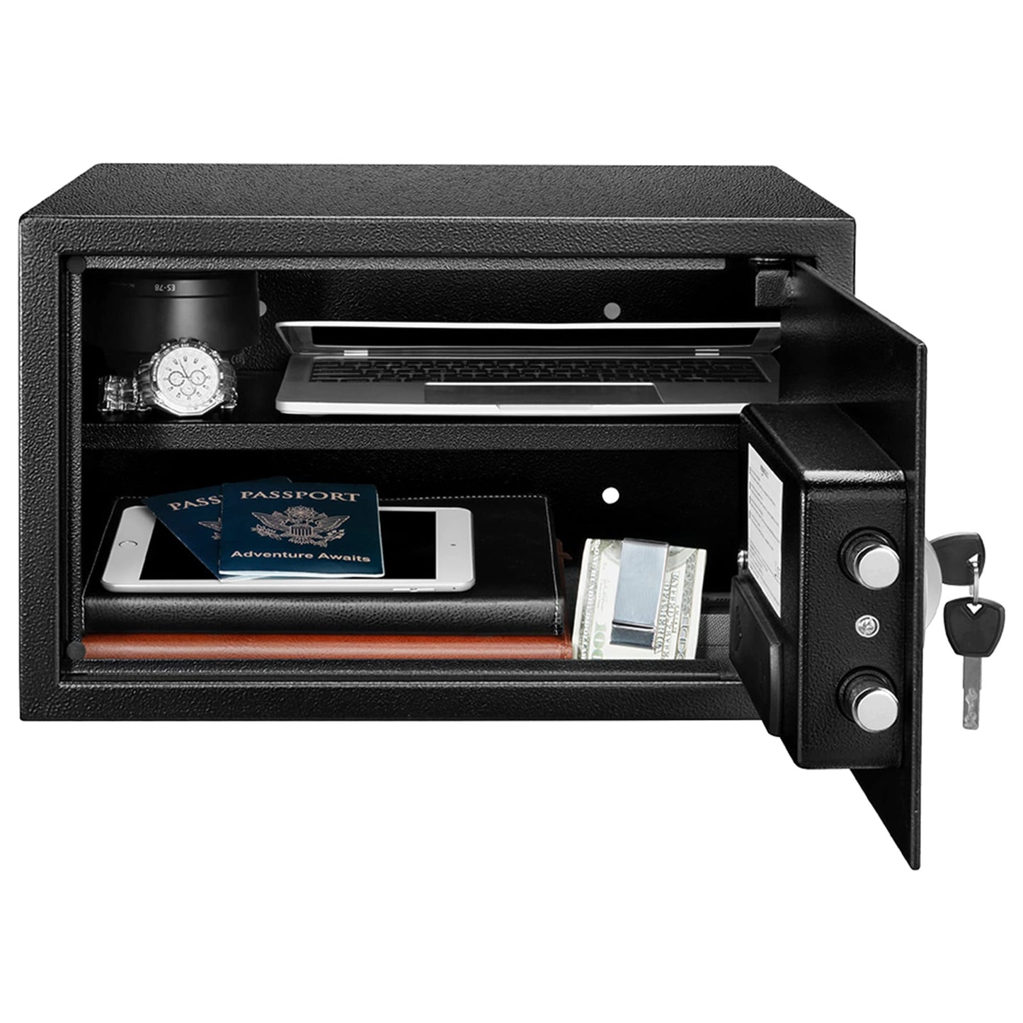 Amazon Basics Steel Security Safe and Lock Box with Digital Keypad, Easy to Use, Removable Shelf, Secure Cash, Jewelry, Documents, Black, 1.2 Cubic Feet, 16.9-x-14.6-x-10.6-inches (WxDxH)