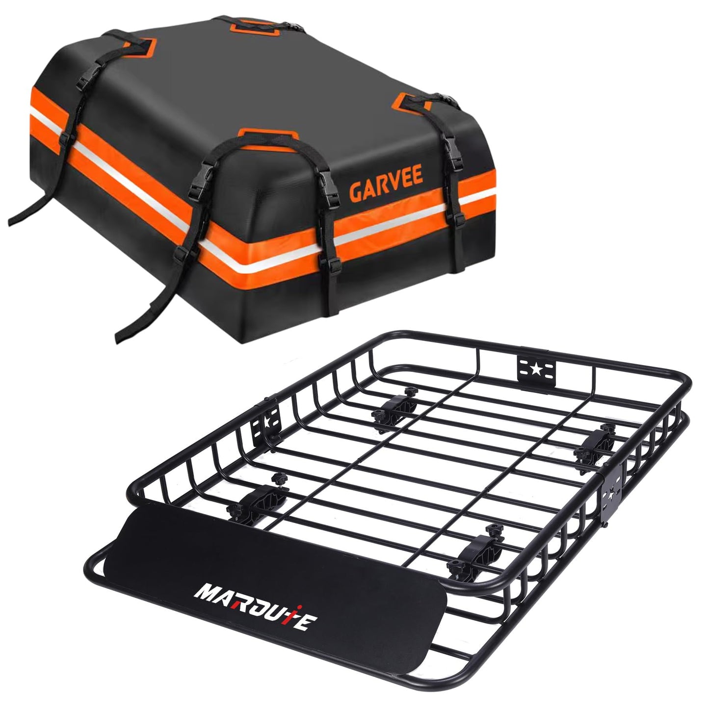 Garvee Roof Rack Cargo Basket with Waterproof Cargo Bag, 15 cu ft Rooftop Cargo Carrier, Heavy Duty Steel Car Roof Rack Carrier with Wind Fairing, Anti-Rust, U-Bolt Mount, for SUV Truck