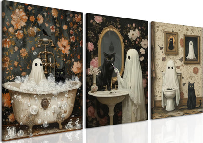 Halloween Ghost Bathroom Wall Art Set of 3, Funny Gothic Wall Decor Dark Academia Decor Pictures, Horror Ghost and Black Cat in Bathroom Poster Canvas Prints 16x24 inch Framed