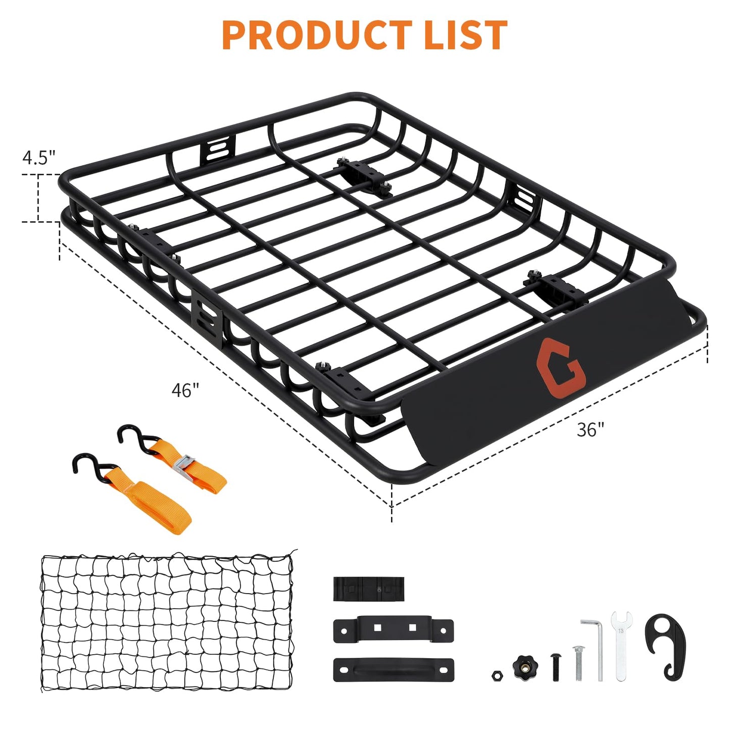 Roof Rack Cargo Basket,46"x36"x4.5" Heavy Duty Steel Carrier with Cargo Net, 200LB Capacity for Trucks & SUVs