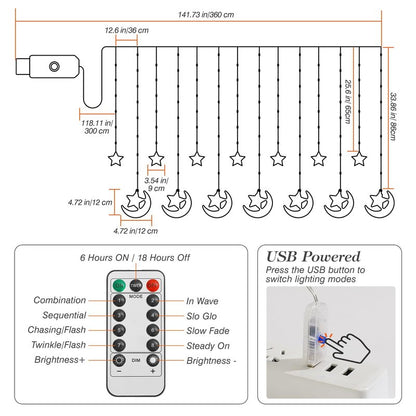 Lewondr Ramadan Curtain String Lights, 138 LED Moon Star Fairy Lights with 6H Timer, 8 Modes, Remote Control, USB Powered Curtain String Light, Eid Mubarak Decorations for Ramadan Home Decorations