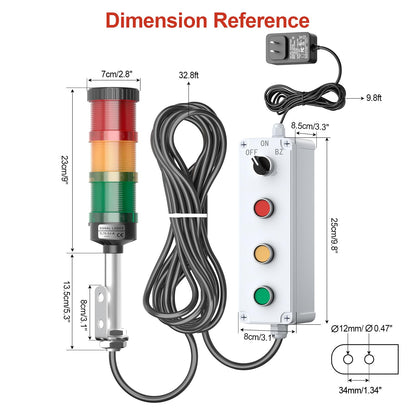 3 Stack Super Bright LED Andon Tower Light with Buzzer, 24VDC Red/Yellow/Green Signal Light, Off-ON, 32.8ft Extension Cord, 9.8ft Power Adapter, Plug Play Ready, for Factory Automation & Safety Alarms