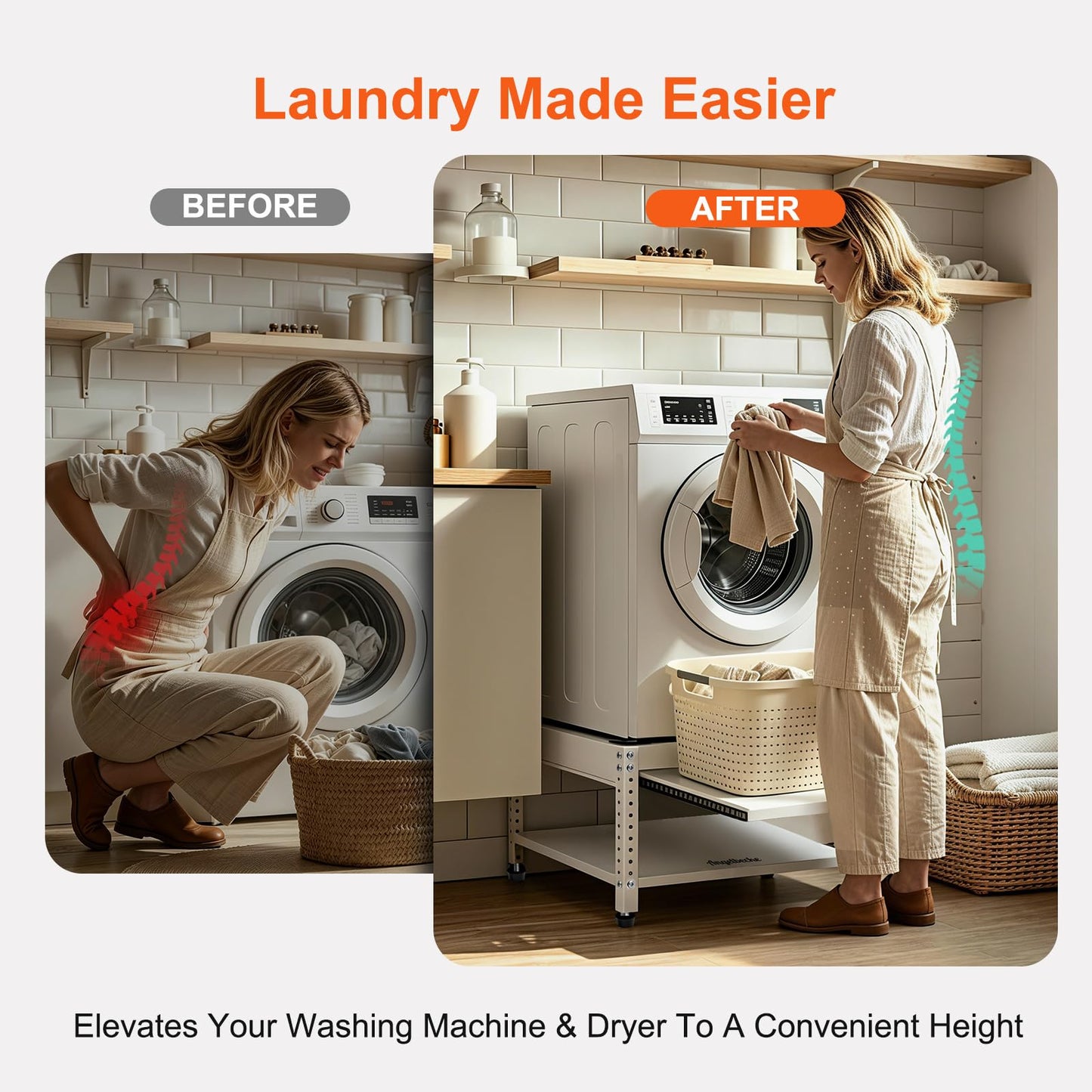 Washer and Dryer Pedestals, 28" L x 28" W Heavy Duty Metal Washer and Dryer Stand Universal Platform, Washer Dryer Pedestal with Basket Shelf, Portable Storage Bag, 4 Silicone Pads, Fit 800lbs, White