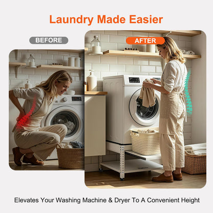 Washer and Dryer Pedestals, 28" L x 28" W Heavy Duty Metal Washer and Dryer Stand Universal Platform, Washer Dryer Pedestal with Basket Shelf, Portable Storage Bag, 4 Silicone Pads, Fit 800lbs, White