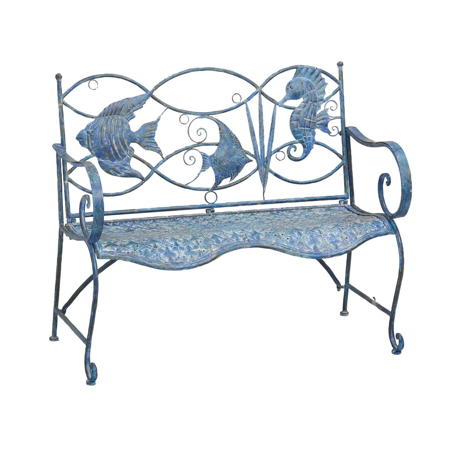 Cape Craftsmen Evergreen Weatherproof Blue Fish Coastal Outdoor Bench | Holds Up to 440 lbs | Furniture for Lawn Garden Patio Porch Park Deck | Coastal Nautical Beach Décor | Steel | Blue