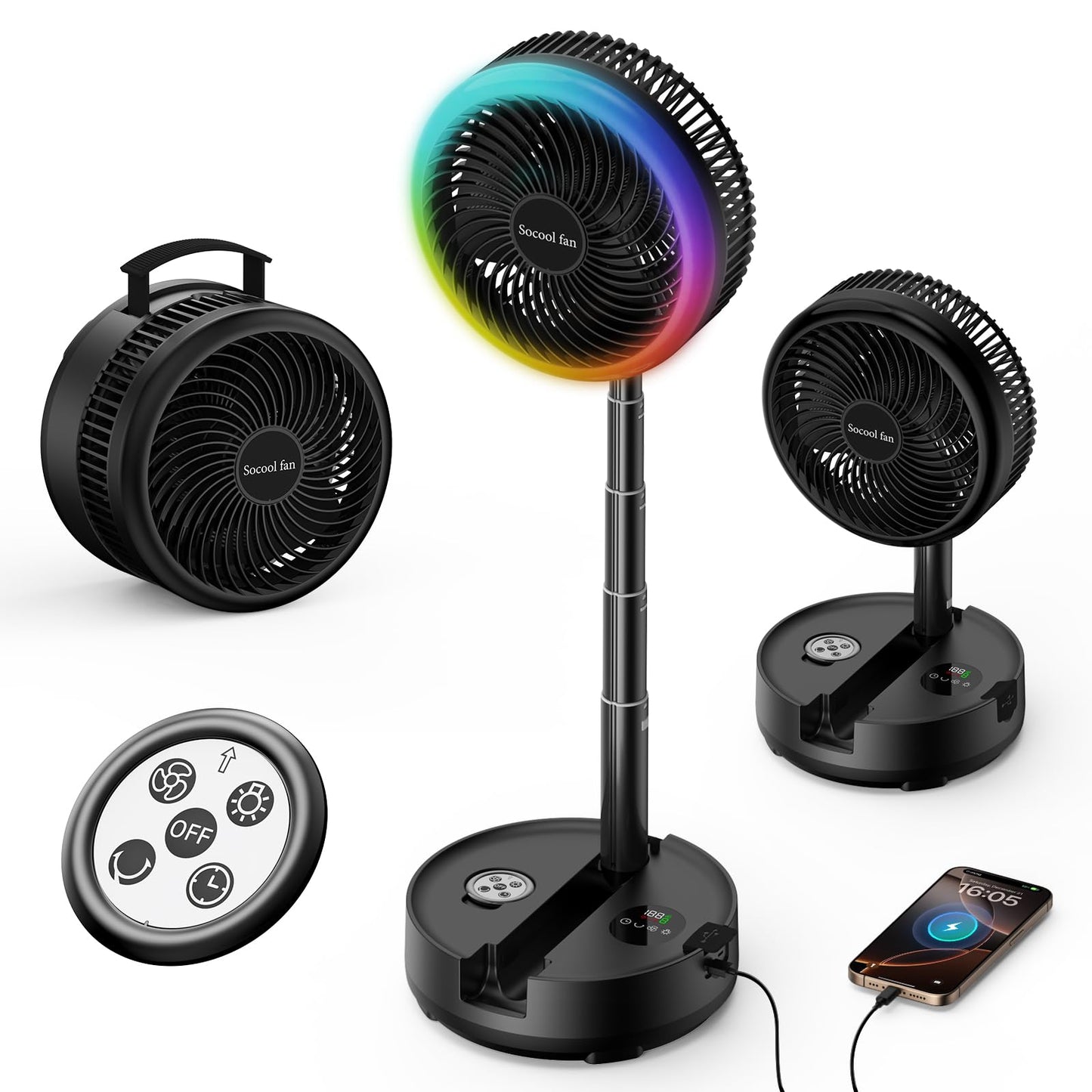 Socool 40000mAh Portable Fan Foldable Battery Rechargeable with 8 Speed & 106H, 90° Osciliating Floor Standing Fan Remote, Desk Fan with 8H Timer & LED Light for Home Outdoor Travel Camping
