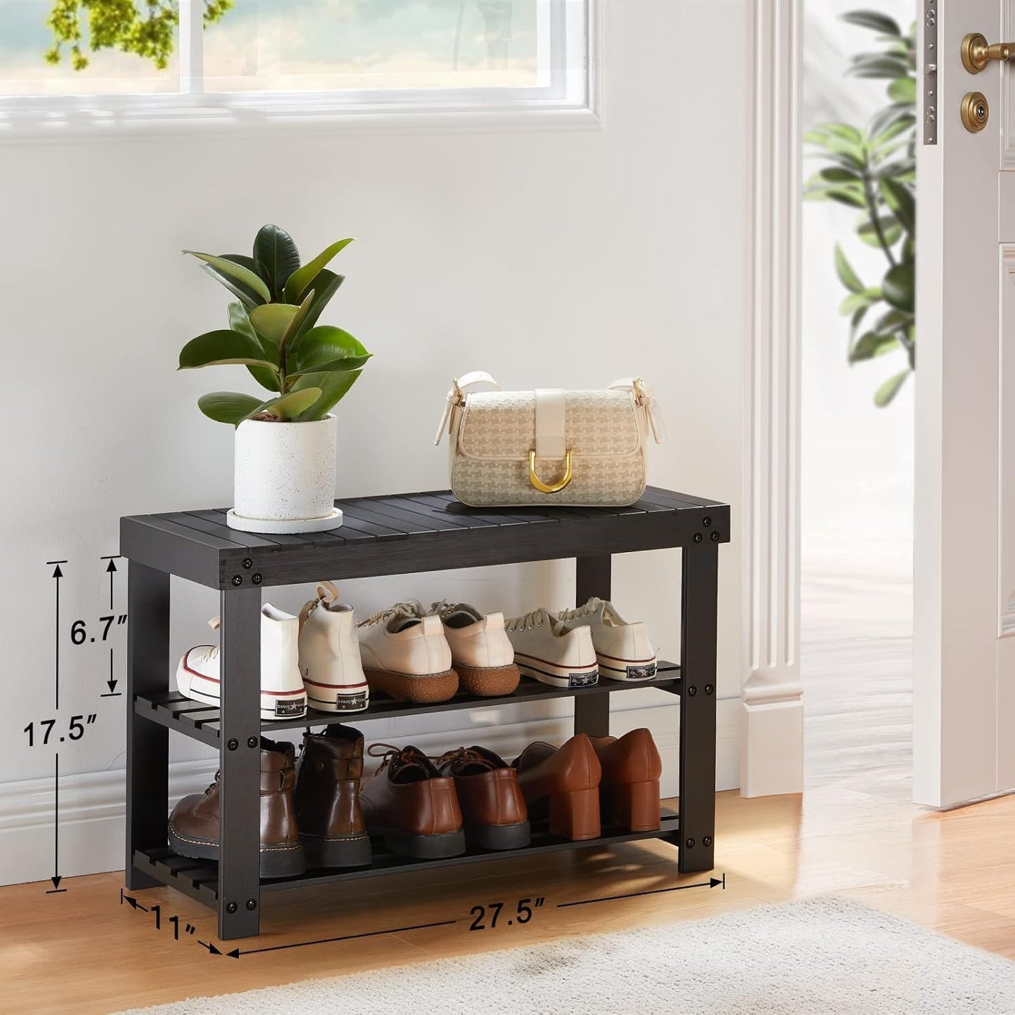Pipishell Bamboo Shoe Rack - 3-Tier Sturdy Organizer Bench | Holds Up to 300lbs - Black