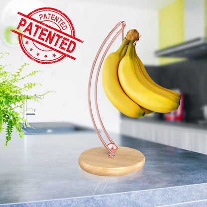 Signice Banana Holder Stand - Patented Modern Banana Tree Hanger with Wood Base Stainless Steel Banana Rack for Home Kitchen Use,Doesn't Tip Over (Rose Gold)