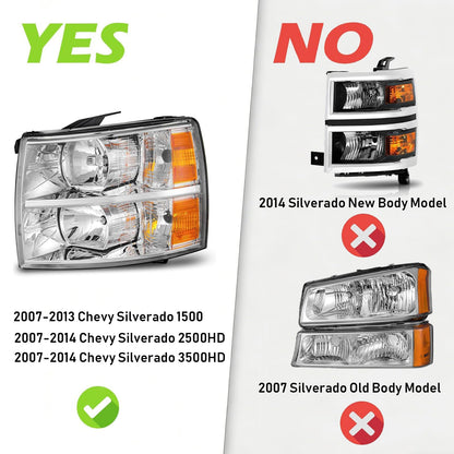 Pair of Chrome Housing Headlights Compatible with 07-13 Silverado 1500/07-14 Silverado 2500 3500 & HD Halogen Head Lights, OE-Style Headlamp Replaces GM2502280 GM2503280, with Bulb & Wiring Harness