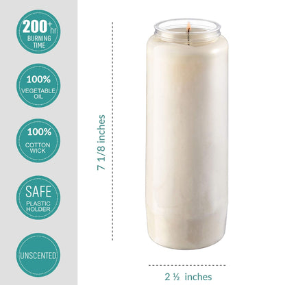 Tribello 9 Day Candles, 3 Pack - 7' White Pillar Candles for Memorial, Prayer, Party Decor, and Emergency Use - Unscented, Slow Burning 100% Vegetable Wax in Plastic Jar