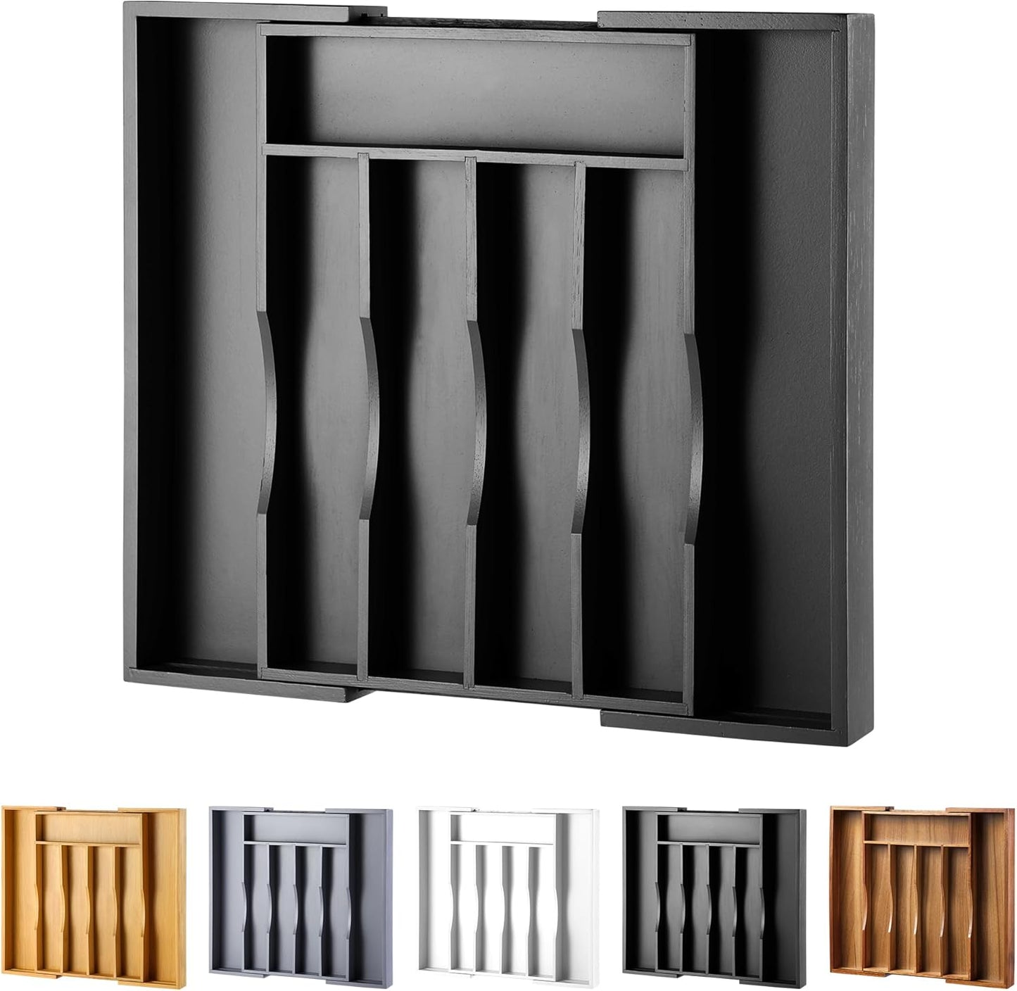 Bamboo Expandable Kitchen Drawer Organizer - Adjustable Cutlery Tray for Utensils & Flatware | Black