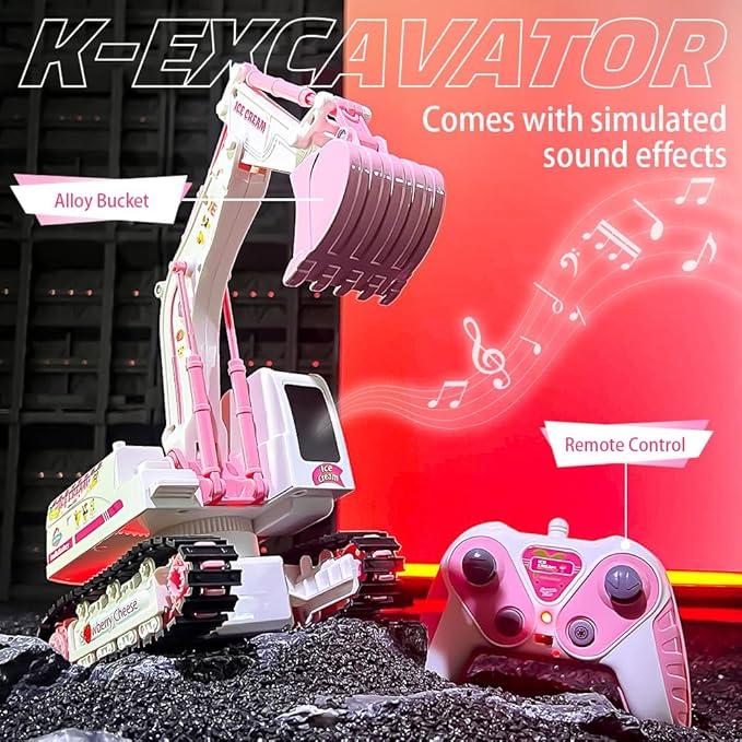 Pink RC Excavator 6 Channel 2.4Ghz RC Construction Vehicle1:24 Scale Pink Excavator Toy with 360° Rotation Light Sound and DIY Stickers Birthday Gift for Teens Adults (1 Battery)