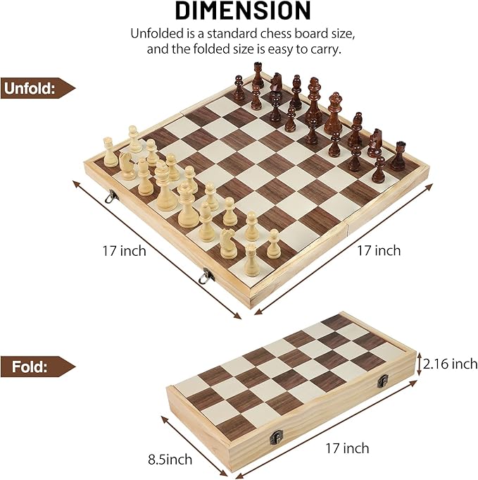 LEAP Wooden Chess Set 17 Inches - 2 Extra Queens - Folding Board Raised Edge Handmade Portable Travel Chess Board Game Sets with Game Pieces Storage Slots - Chess Set for Adults and Beginner