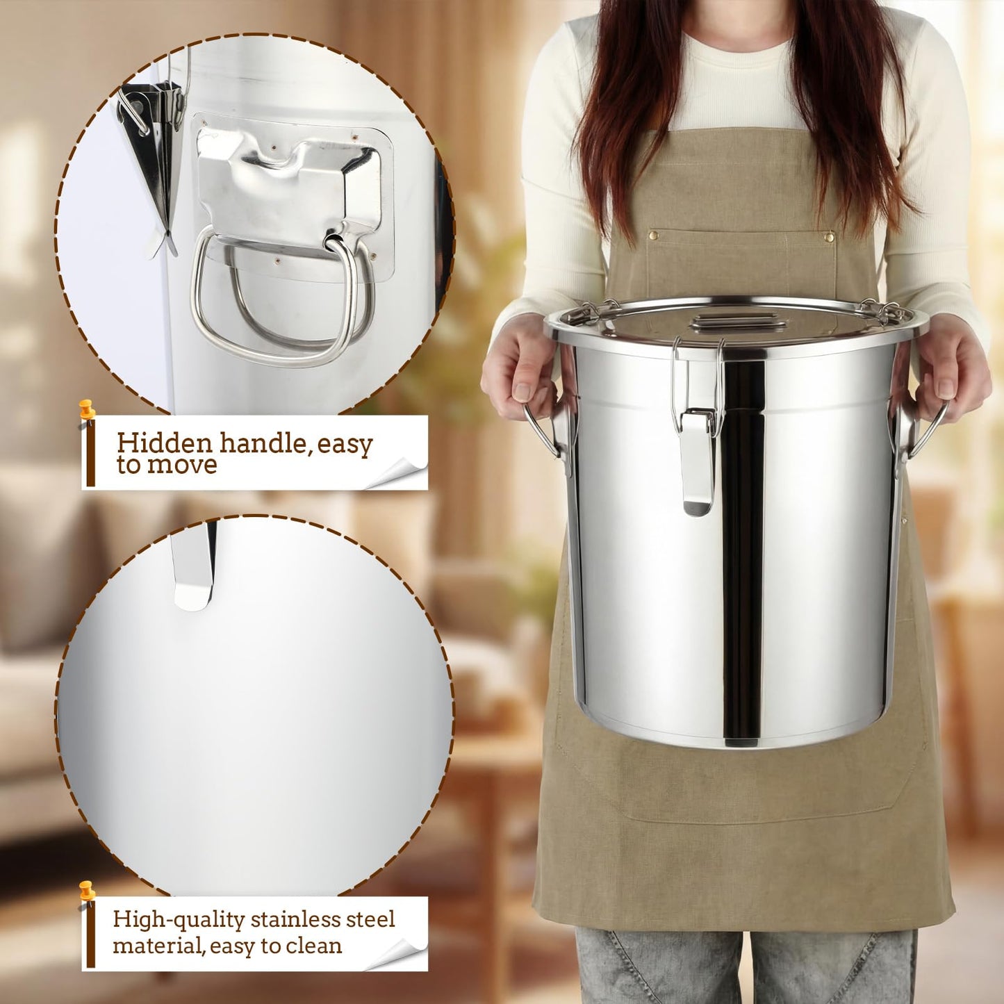 Lounsweer 2 Pack 8.9 Gal Stainless Steel Dog Food Storage Container with Lid and Locking Clamp 33 L Metal Airtight Container Large Stainless Steel Bucket with Food Scoop for Pet Feed