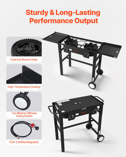 VEVOR 2 Burner Outdoor Propane Gas Stove, 150,000 BTU Propane LPG Gas Camping Stove, Foldable Heavy-duty Carbon Steel Outdoor Cooker, with Wheels & Shield & 20 PSI Regulator, for BBQ Camp Home Patio