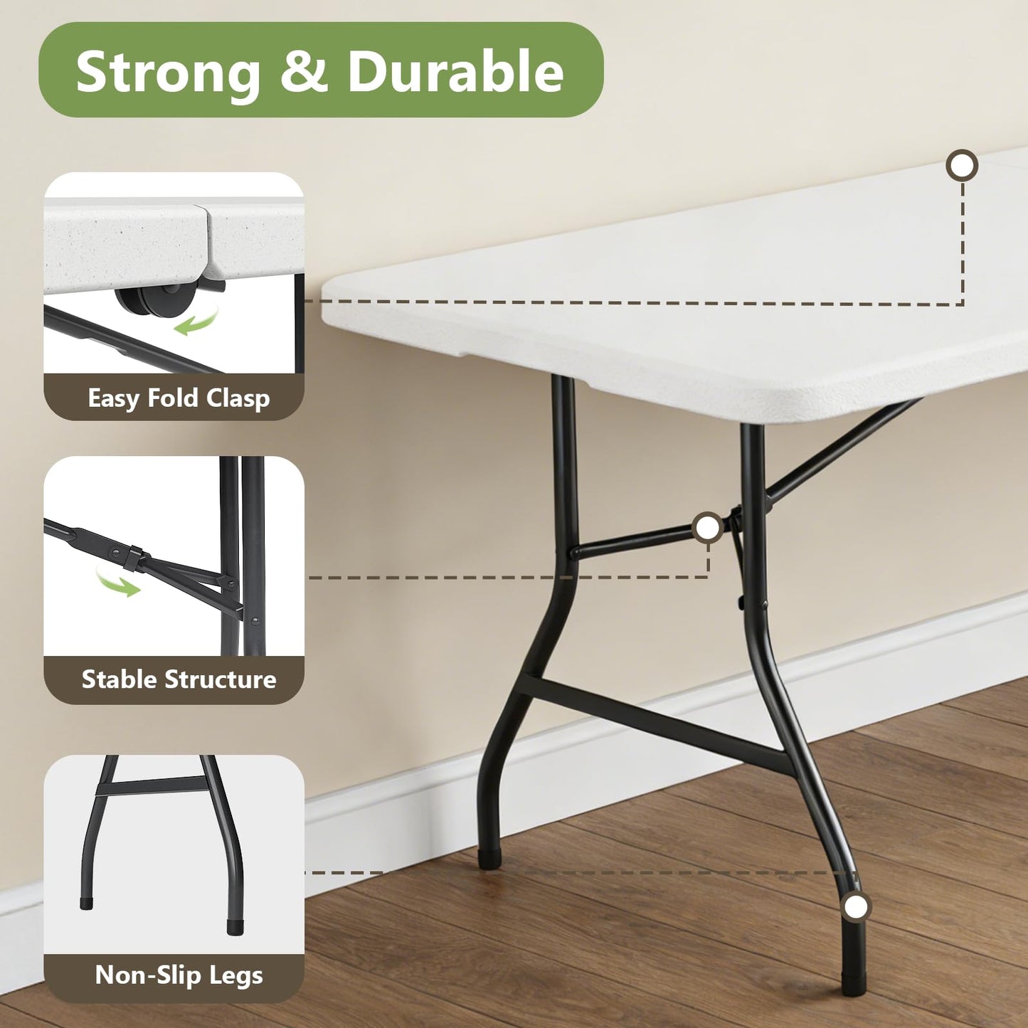 FurniEdge Folding Table 8FT Heavy Duty Plastic Table with Handle, Foldable&Portable, Fold-in-Half Utility Tables for Outdoor, Dining, Wedding, Events, Indoor, Picnic, Camping, Party, White