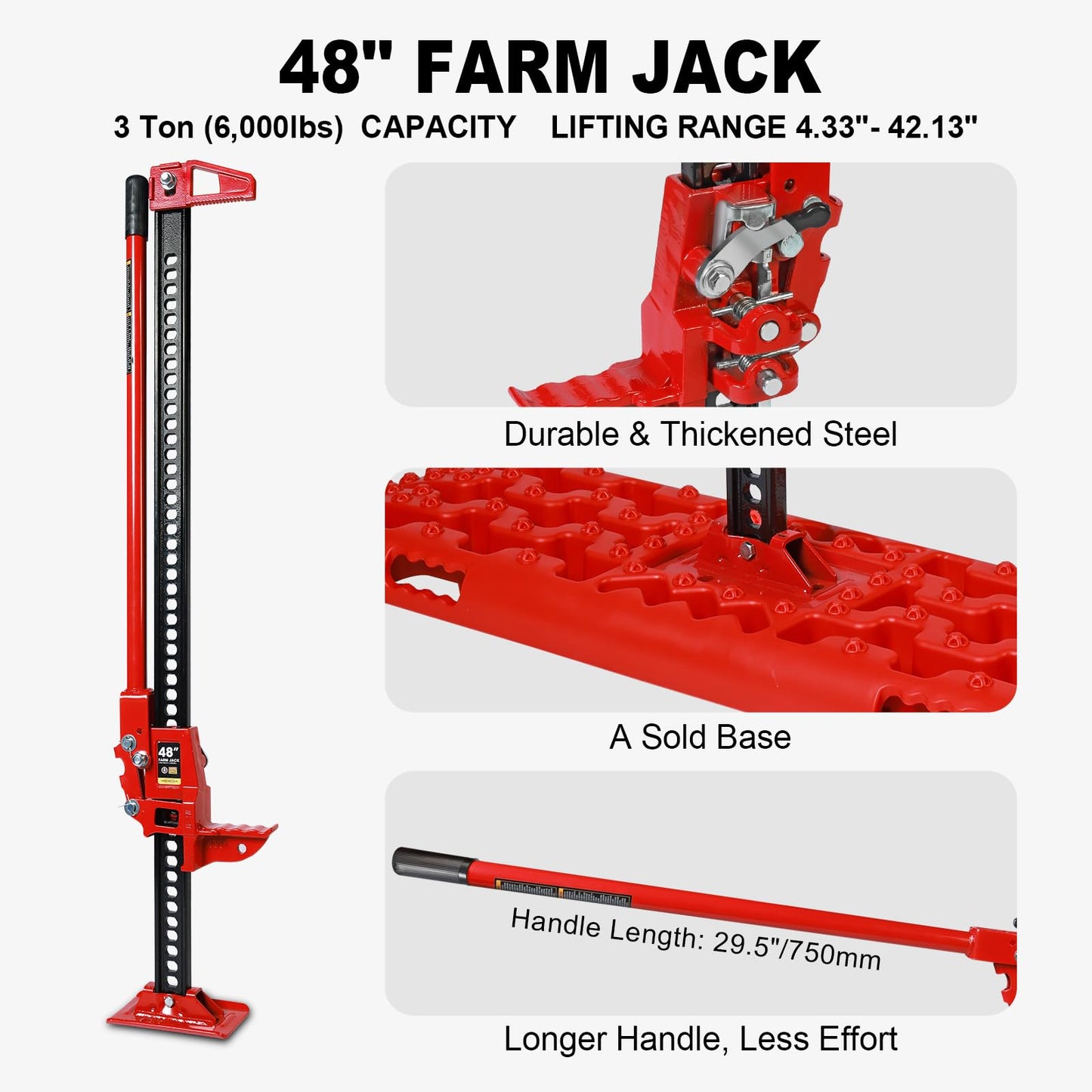Big RED Farm Jack 48" with Off Road Traction Boards,Utility High Lift Farm Jack with Pair Recovery Tracks Traction Mat,Sand Mud Snow Recovery Kit for Car Truck Jeep ATV SUV UTV,Red