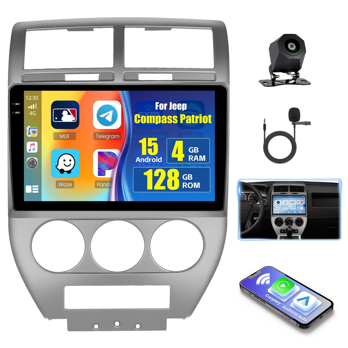 [4+128G] Android 15 Car Stereo for Jeep Compass Patriot 2006 2007 2008 2009, Hikity 10'' in-Cell Touchscreen Radio Wireless Carplay Android Auto 5G WiFi/1280 * 720P/Bluetooth/GPS SWC FM/EQ Backup Cam