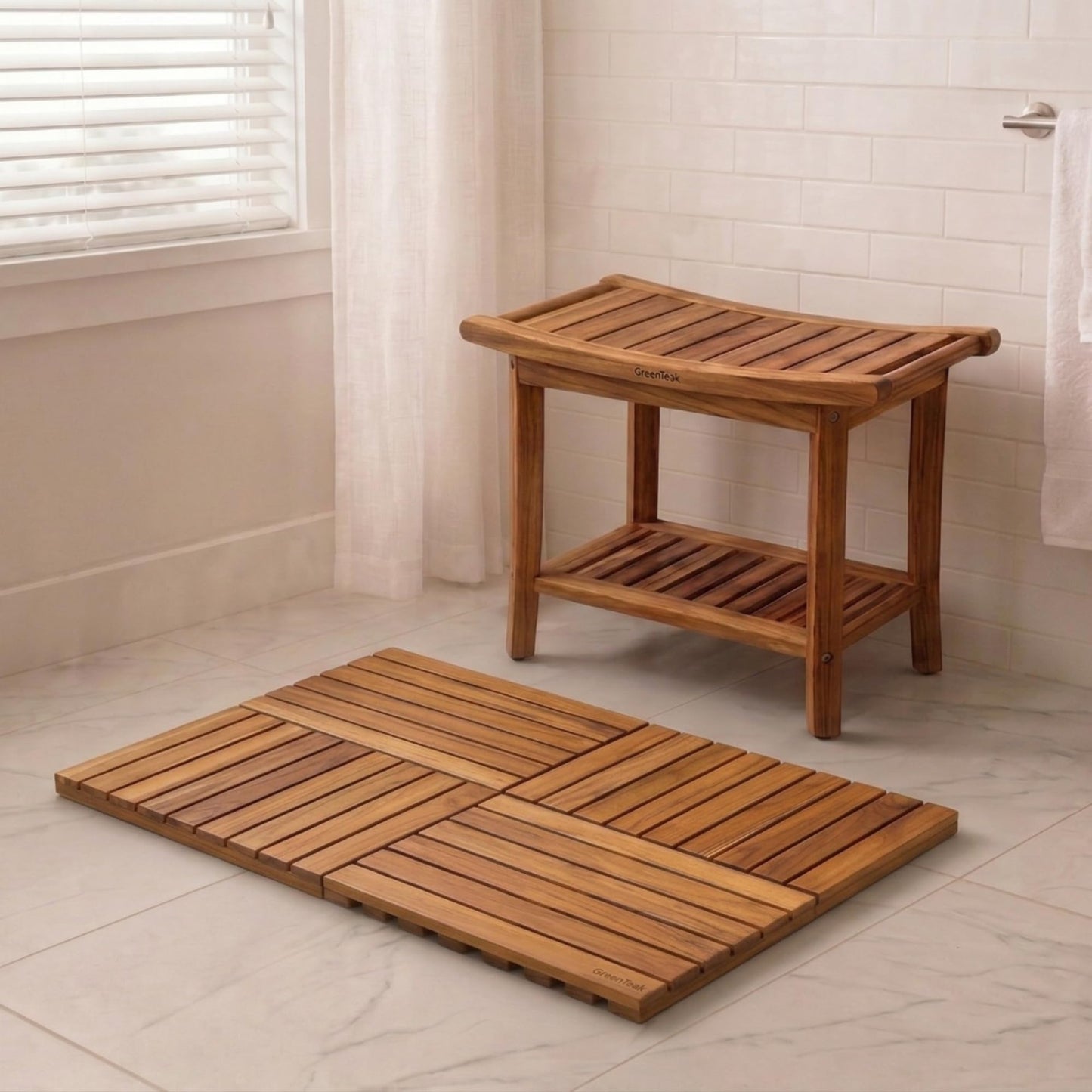 GREENTEAK Combo 22" Teak Shower Bench & Large Bath Mat 32", Teak Shower Stool with Shelf and Foldable Teak Bath Mat, Non-Slip Waterproof Spa Bathroom Seat, Indoor Outdoor