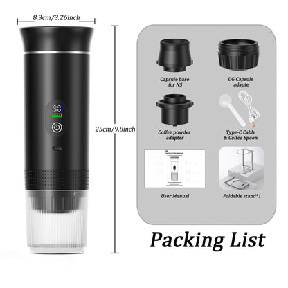 Portable Espresso Maker and Metal Stand Set, Self-Heating Travel Coffee Machine, Rechargeable Coffee Maker with Digital Display, 3-in-1 for Ground Coffee & Capsules, Camping RV Office