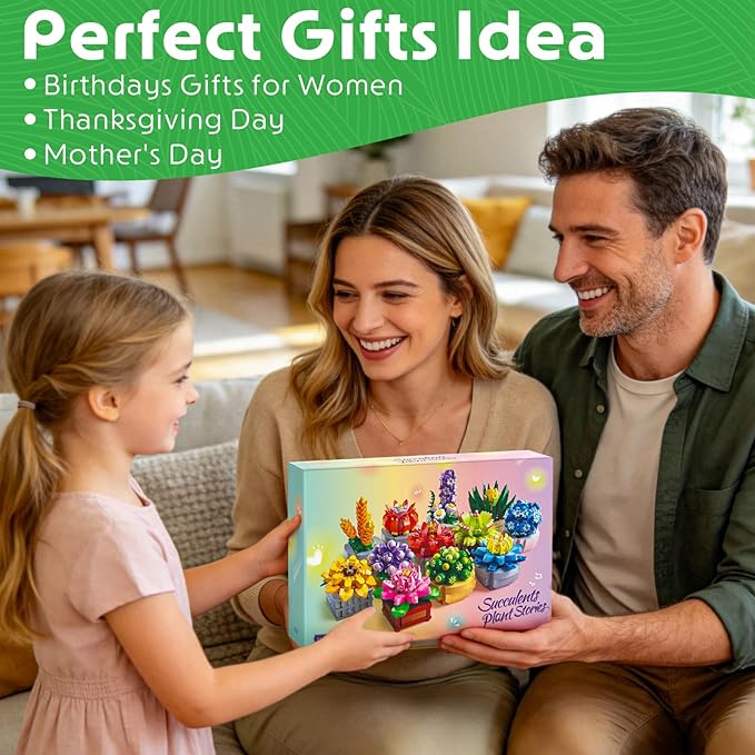 12 Succulents Building Set for Adults &amp Kids 10+ – Botanical Collection Artificial Plants with Pots Easter Birthday for Women Home Office Decor Relaxing DIY Kit(1174 PCS)