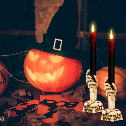 Wondise Halloween Flameless Taper Candles with Remote and Timer, Black Battery Operated Dripping Wax LED Flickering Candles with Skeleton Hand Holders for Halloween Decoration(2 Pack, 3” x 12”)
