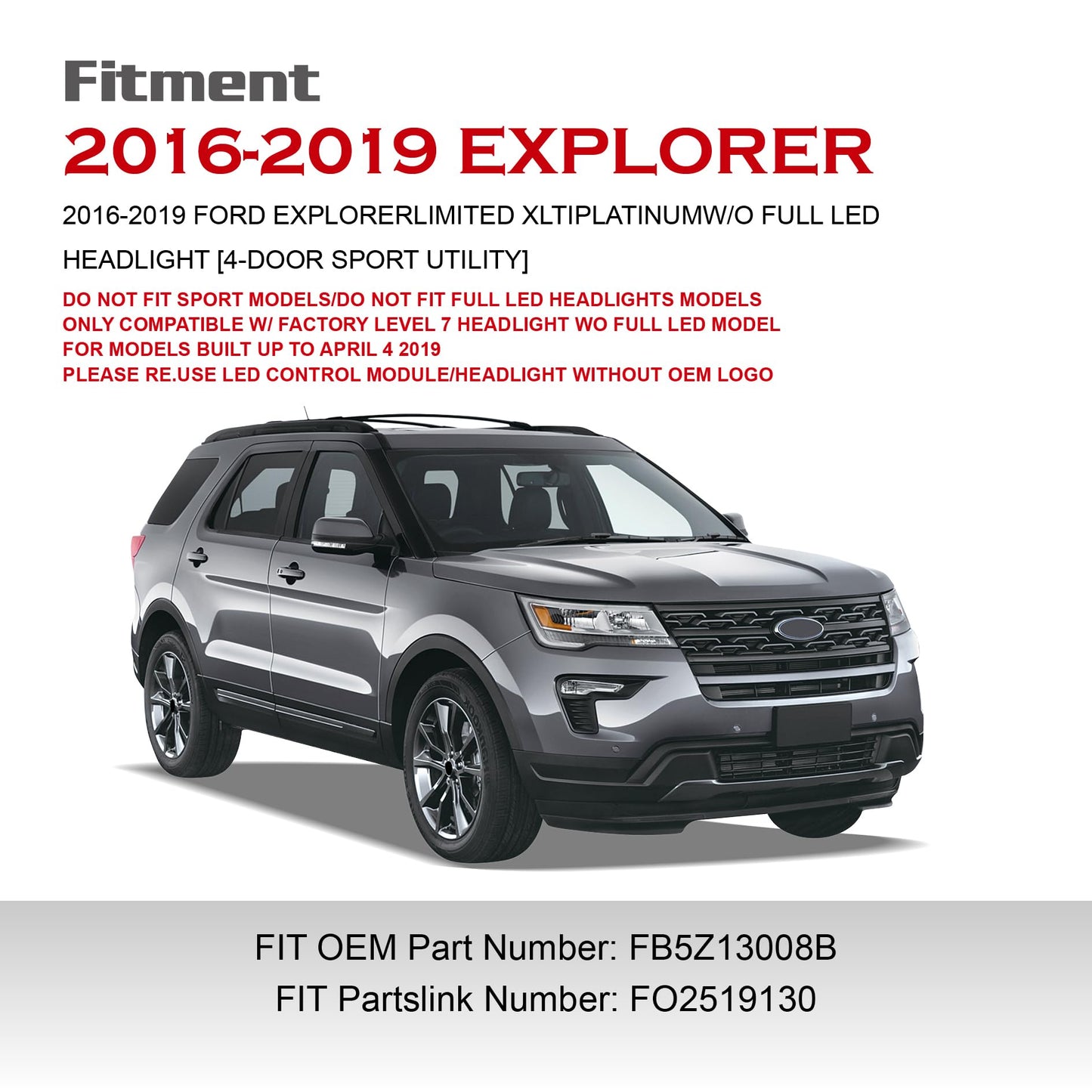 AutoZest Chrome Bezel LED Headlight W/o LED control module Assembly Compatible With 2016-2019 Ford Explorer Sport/Limited/XLT/Platinum Headlamp W/LED DRL Right Passenger Side FO2519130