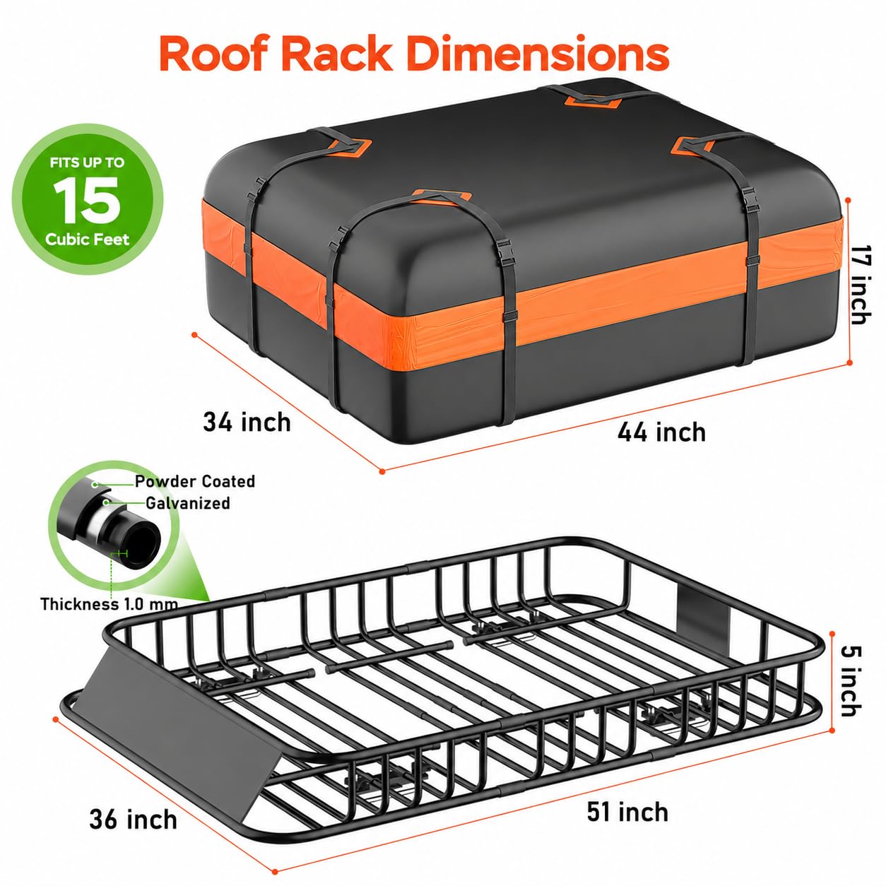 Roof Rack Carrier Basket 51" X 36" X 5" Universal Rooftop Cargo Basket - 200LB Capacity with 15 Cu.Ft Waterproof Bag, Heavy Duty Roof Rack for SUV/Truck/Van Cargo Carrier, Corrosion-Resistant Steel