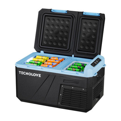 Tecnolove 25L Car Refrigerator Freezer, 27QT Dual-Compartment Portable Cooler with Reversible Door, 100–240V AC / 12V / 24V DC Powered, Touchscreen Control, LED Light, -4℉ to 68℉, Ice Blue