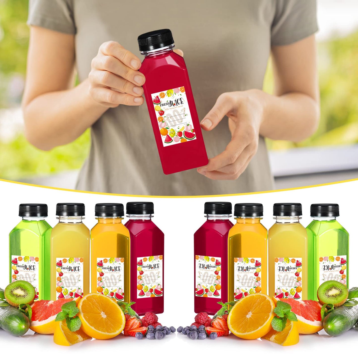Hsei 200 Sets 12oz Plastic Juice Bottles with Caps Bulk Reusable Empty Clear Beverage Container With Lids, Labels, Funnel and Brush for Drinking Smoothie Drink Juicing Tea Milk Water
