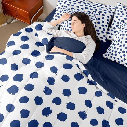 Erosebridal Boys Dots Bed in A Bag 7 Pcs Twin Size Polka Geometric Bed Set for Kids Men Brush Stroke Boho White Navy Blue Comforter Set Lightweight Sheet Set