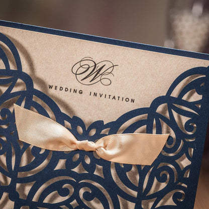 WISHMADE Jofanza 5.9x5.9 Inch 50PCS Navy Blue Laser Cut Wedding Invitation Cards with Bowknot and Envelopes Kraft Paper Blank invitation for Wedding Engagement Party Invite