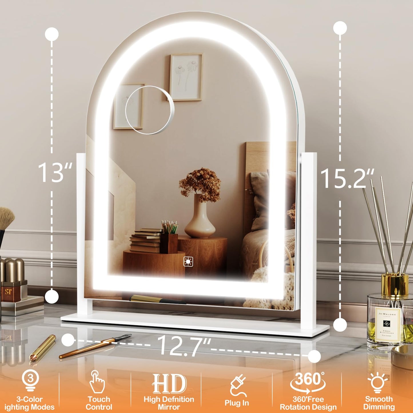 Arched Makeup Vanity Mirror with Lights 17.2" Large LED Lighted Mirror, Hollywood Make Up Mirror with Lighting, Smart Touch,Detachable 5X Magnification 360° Rotation, (Gold,Gift Box)