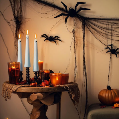 DRomance Halloween Ghost Flameless Taper Candles Flickering Battery Operated with Remote and Timer 3D Wick White Real Wax LED Taper Candles Halloween Dinner Decoration Indoor(2 Pack, 0.79"D x 9.5"H)