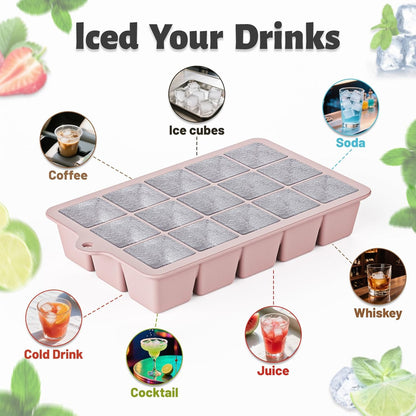 Skiennix Silicone Ice Cube Tray 3 Pack - Easy Release BPA-Free Ice Cube Molds for Cocktails | Blue, Pink, Green